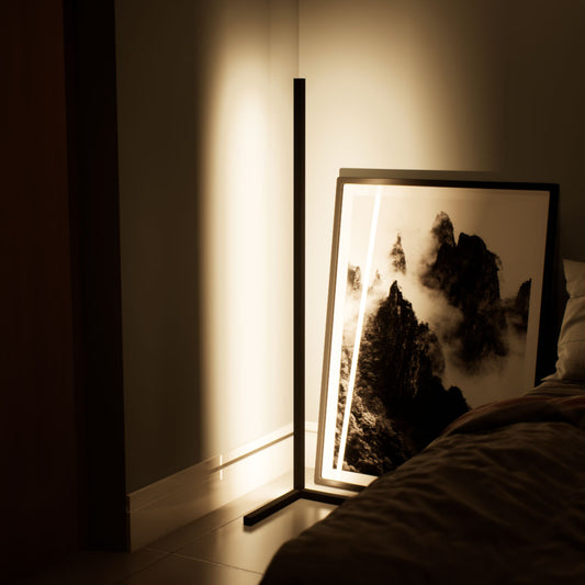 Betula | Floor Lamp | Pole | Aluminium alloy, ABS | Black color of product | Warm light on | Mid-range distance to lamp | Bedside | In the corner | American classic bedroom | Evening | 58 in height of lamp