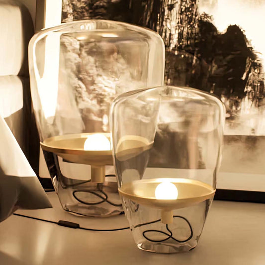 Tilia | Floor Lamps | Glass Bulb | Glass, Metal | Medium, Small | Gold color of products | Warm light on | Closeup distance to lamp | Bedside | American classic bedroom | Evening | Two items | 12 and 16 in height of lamps